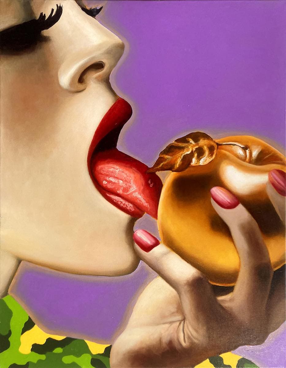 Pop Art Portrait Malerei in Öl von Manzur Kargar mit goldenem Apfel